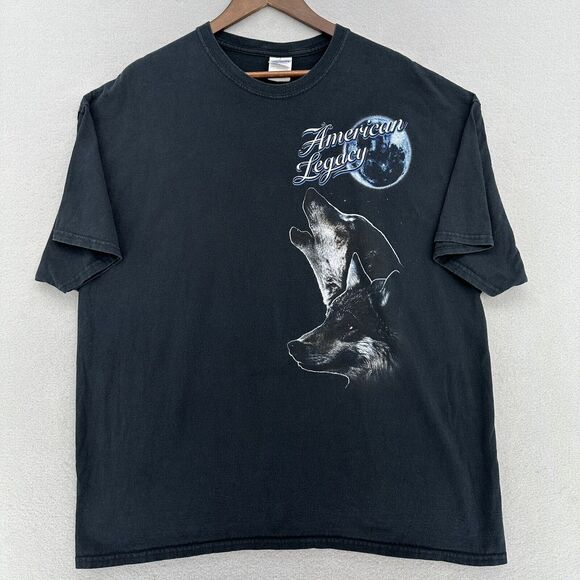 Y2K American Legacy Wolf Double Sided Black Tshirt Mens 2XL Native American VTG - Picture 1 of 7
